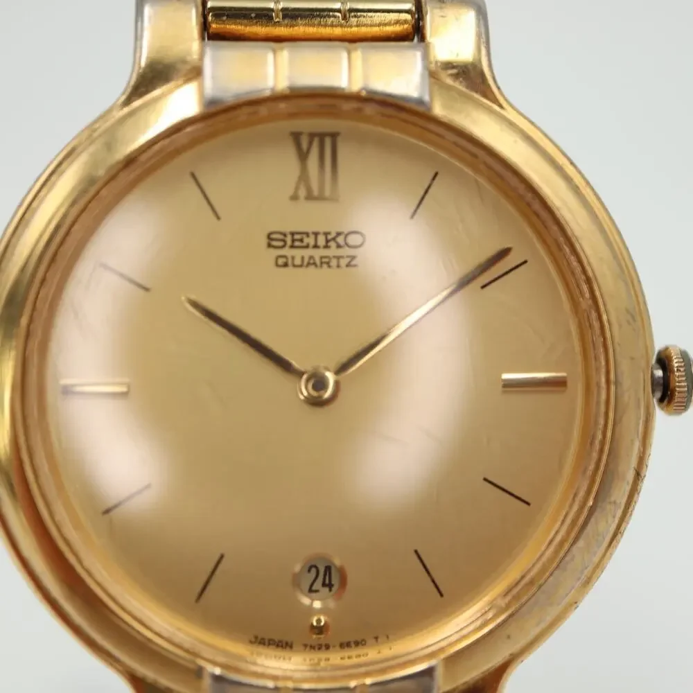 Vintage Seiko Gold Tone Watch Unisex 32mm Date Dial 7N29-6090 w New Battery